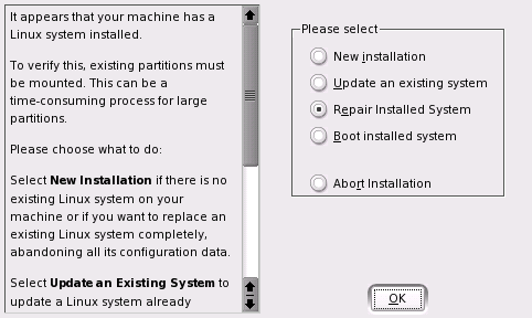Selecting the YaST System Repair Utility